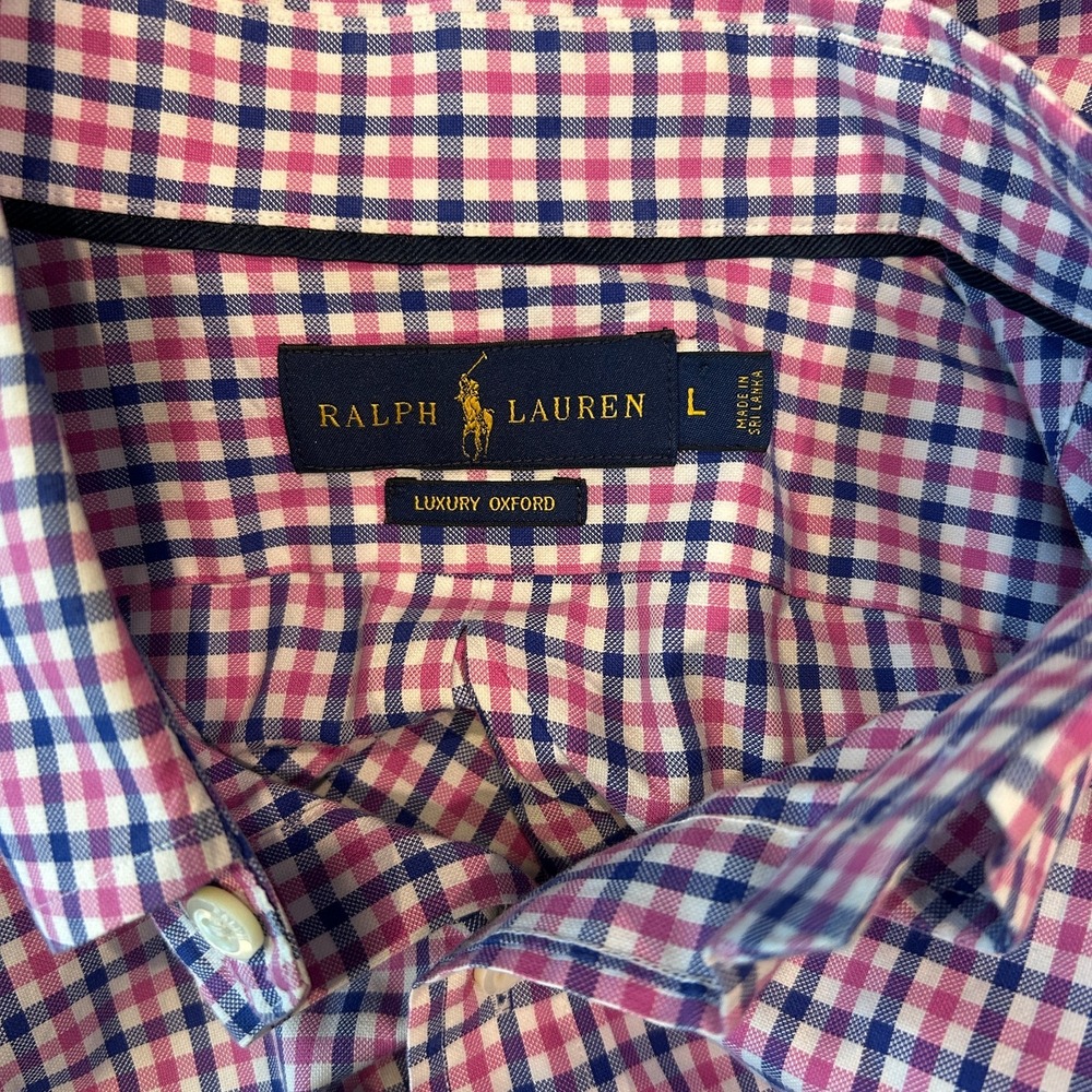 Ralph Lauren Luxury Oxford Mens Dress Shirt Large Cotton Pink White Purple Check - Picture 5 of 6